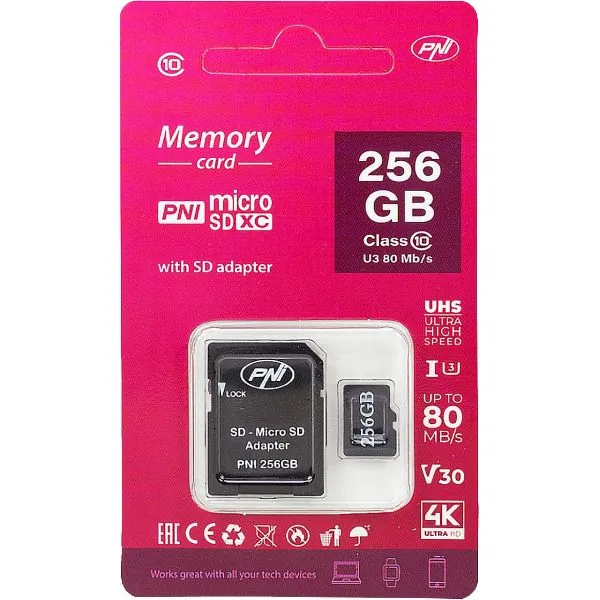 PNI 256GB microSD Kort – Class 10, UHS-I, U3, V30