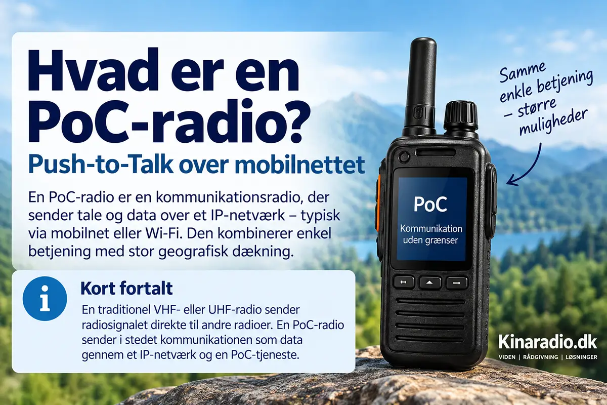 Infografik der forklarer, hvad en PoC-radio er, og hvordan Push-to-Talk over mobilnettet fungerer