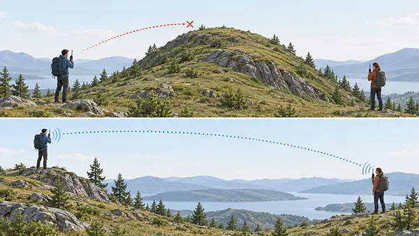 Illustration af hvordan terræn og antennehøjde påvirker rækkevidden mellem håndradioer