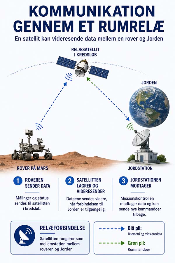 Infografik over relækommunikation, hvor en rover sender data via en satellit i kredsløb til Jorden