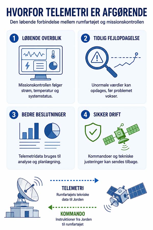 Infografik over telemetriens betydning for overvågning, fejlopdagelse, beslutninger og sikker drift