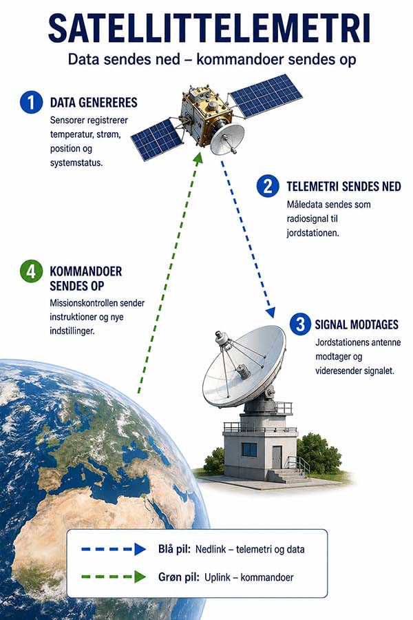 Infografik over telemetri og radiokommunikation mellem en satellit og en jordstation