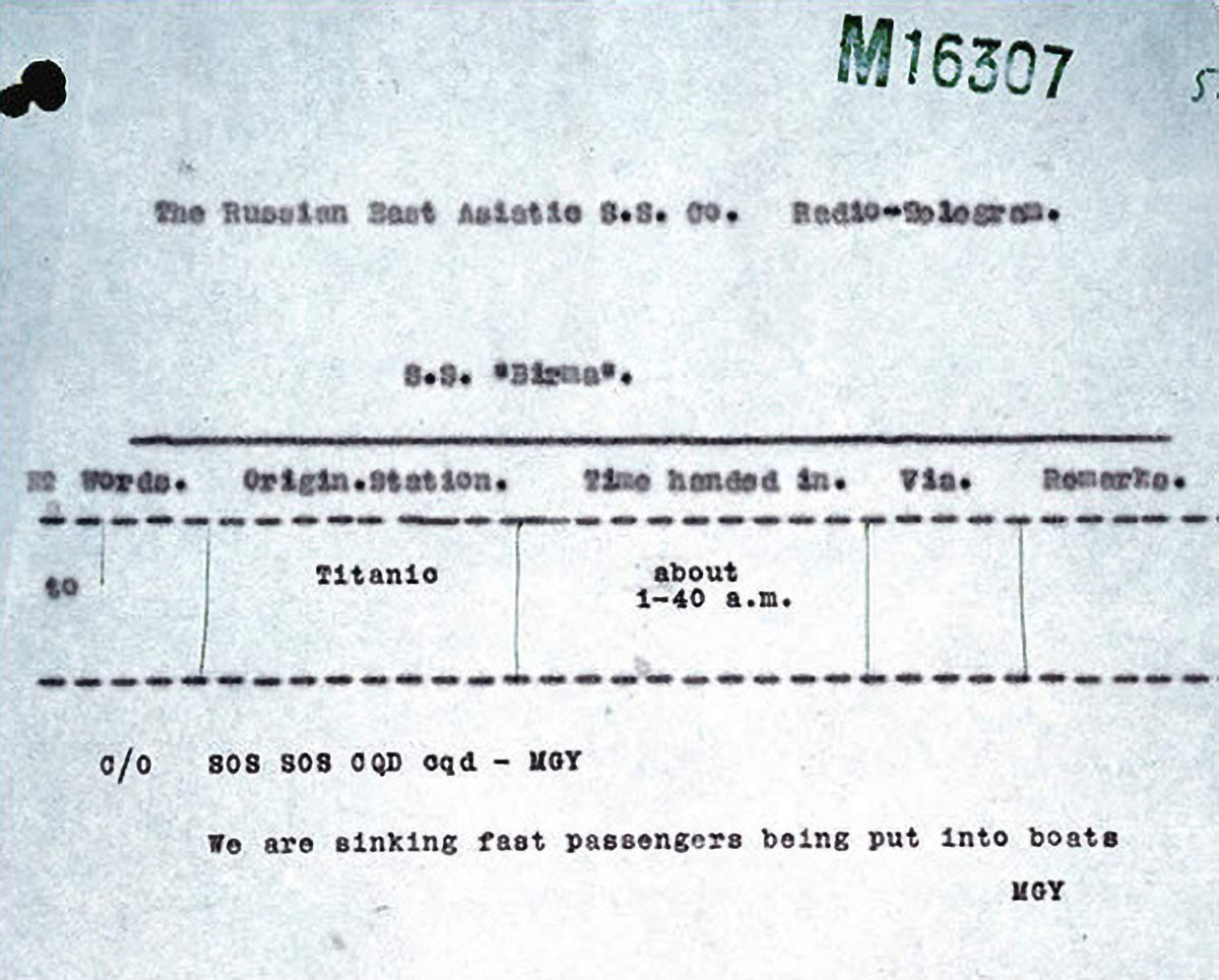Registreret nødsignal sendt fra RMS Titanic den 15. april 1912