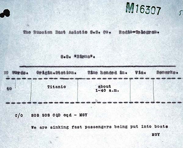 Registreret nødsignal sendt fra RMS Titanic den 15. april 1912